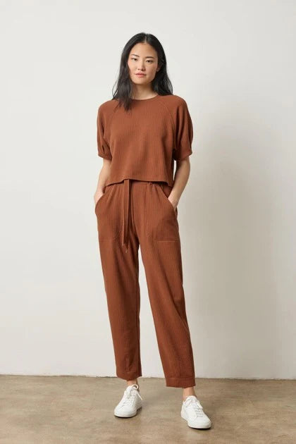 Pleated Sleeve Waffle Top in Praline
