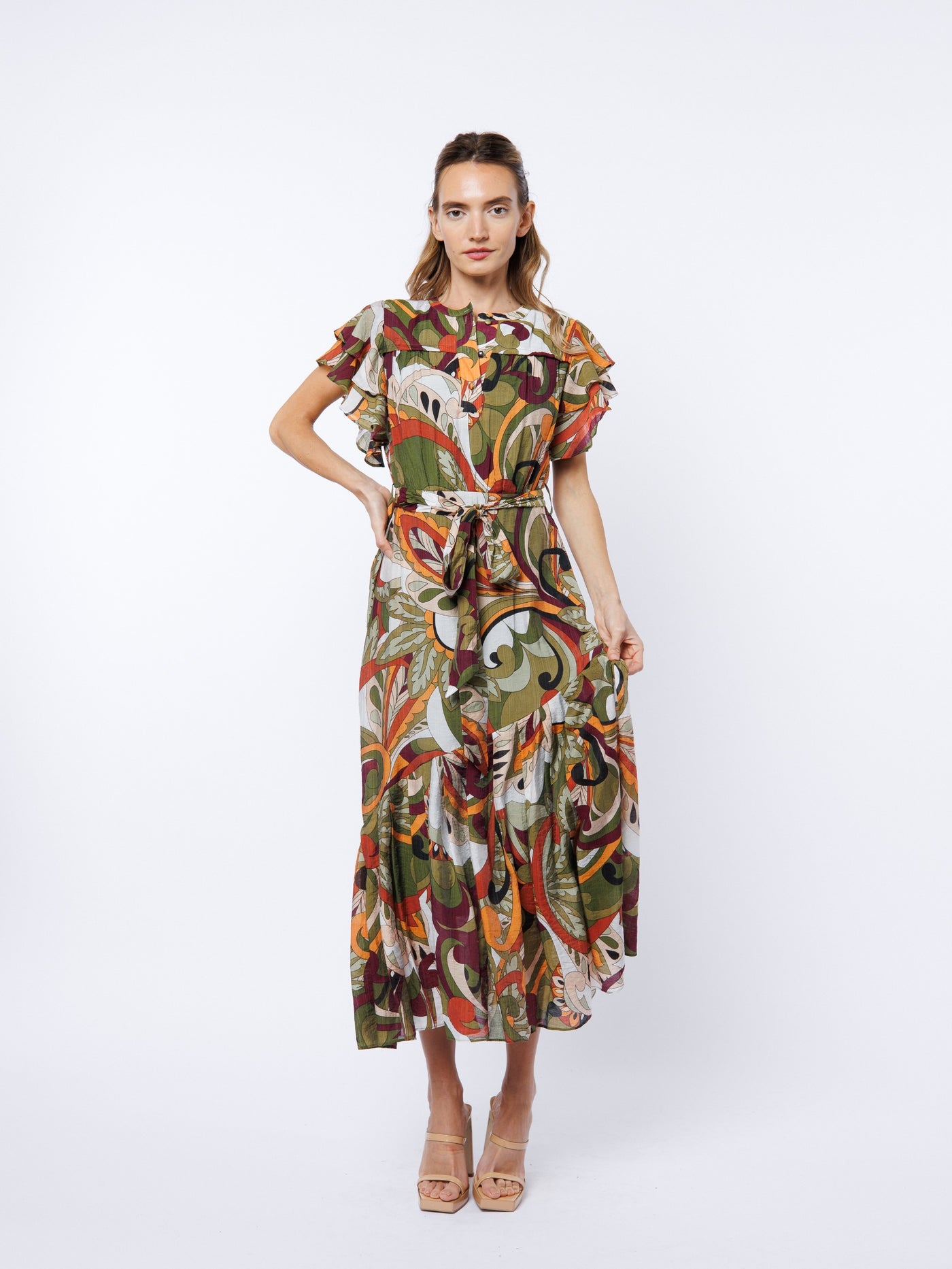 Nythia Printed Flutter Midi Dress in Green Multi