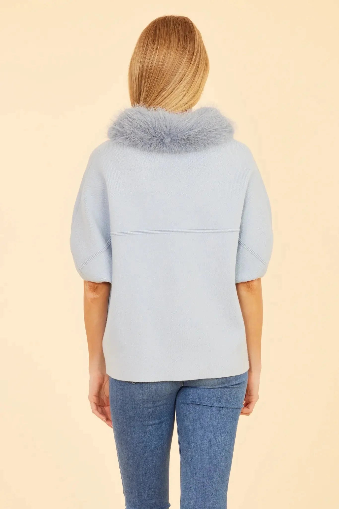 Faux Fur Trim Cardigan in Baby Blue