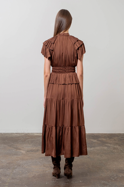 Short Sleeve Pleated Midi Dress in Chocolate