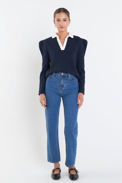 Polo Collar Sweatshirt in Navy/Cream