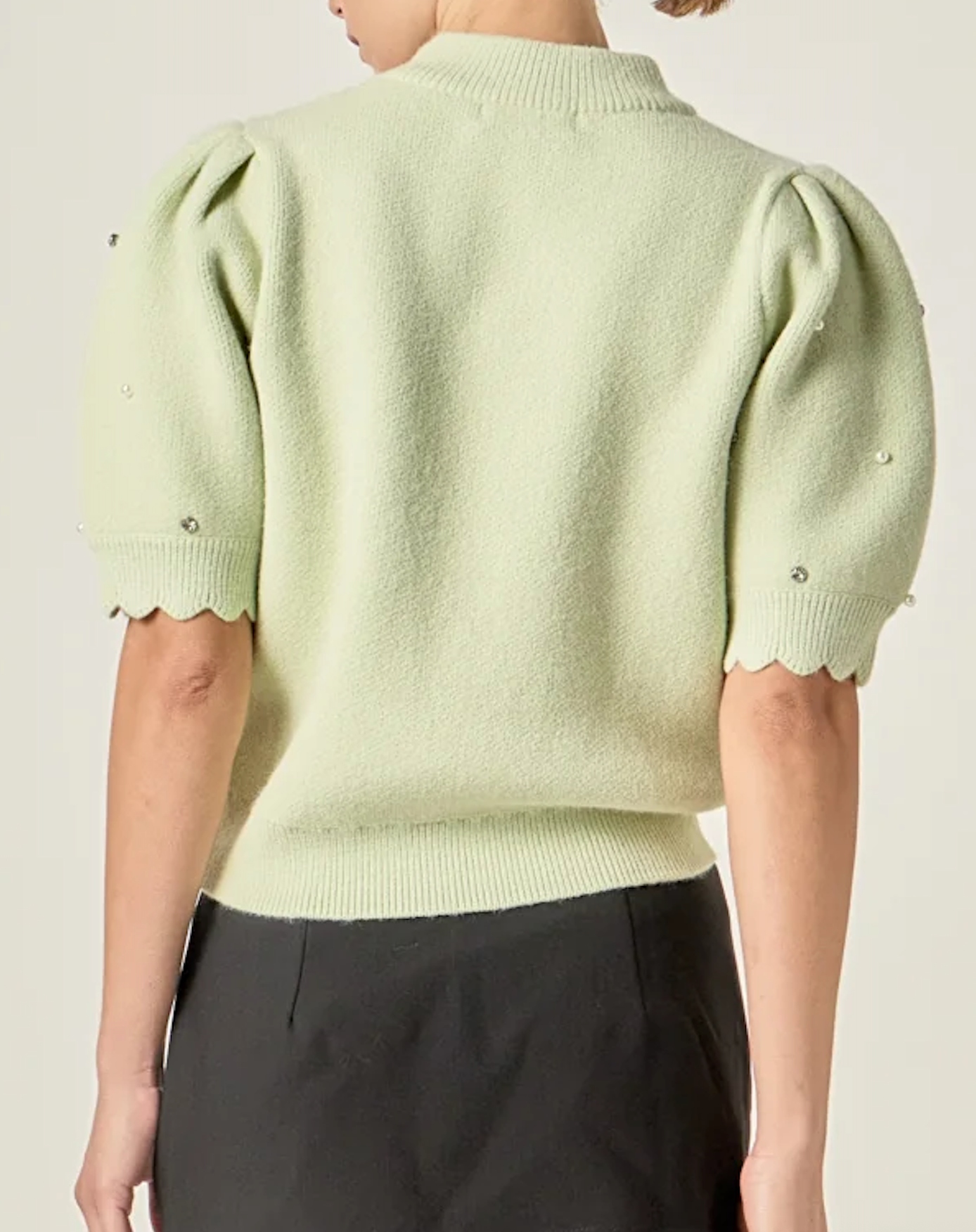 Scalloped Puff Sleeve Embellished Sweater in Sage