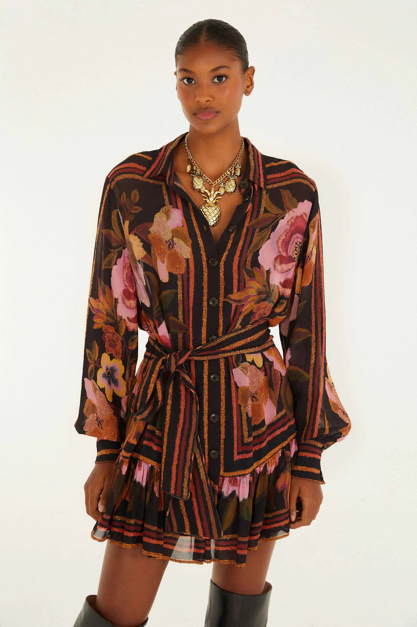 Chenille Flowers Belted Long Sleeve Mini Dress in Black