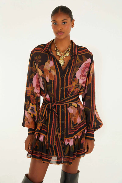 Chenille Flowers Belted Long Sleeve Mini Dress in Black