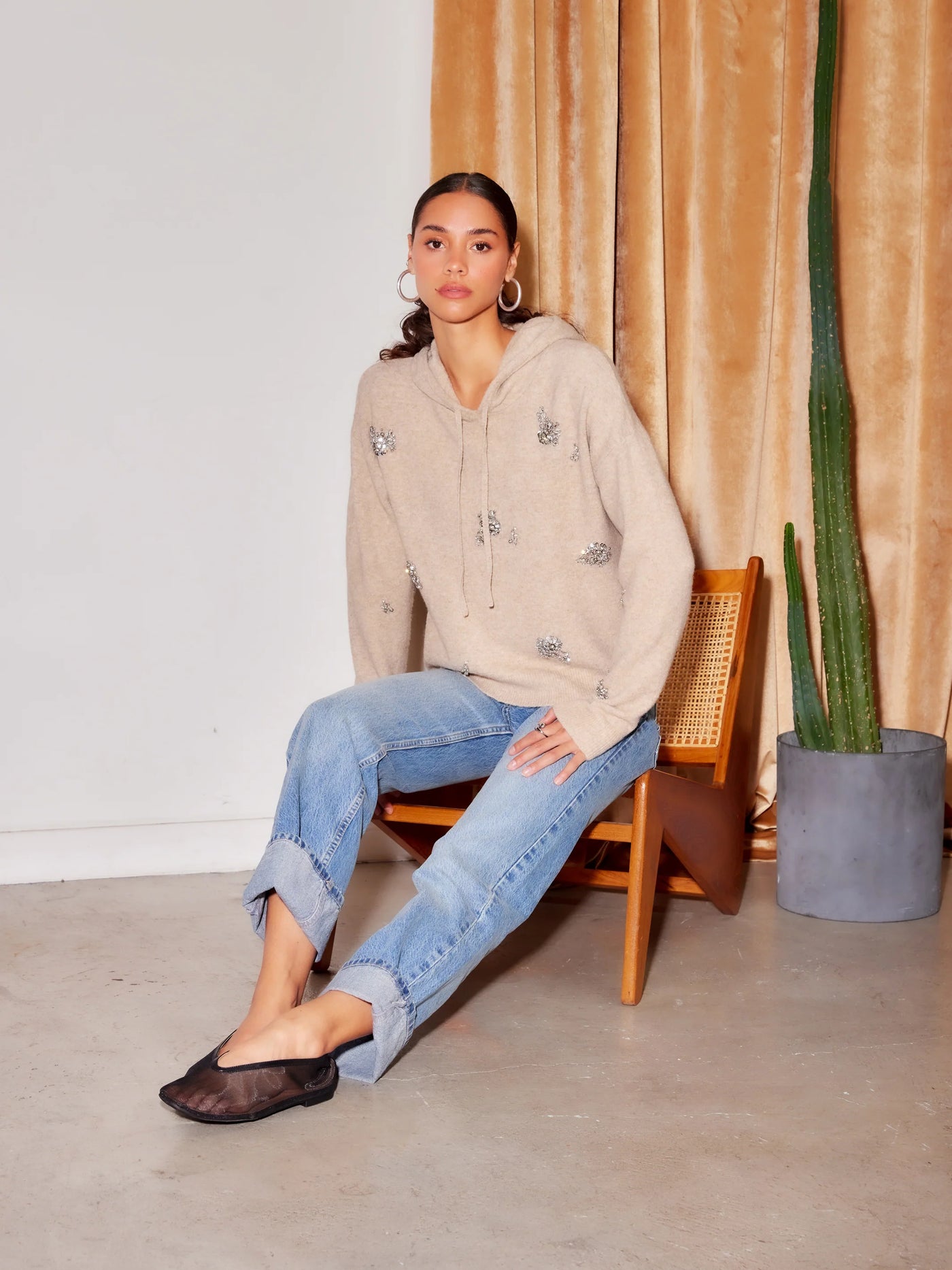 Krystal Embellished Hoodie in Heather Oatmeal