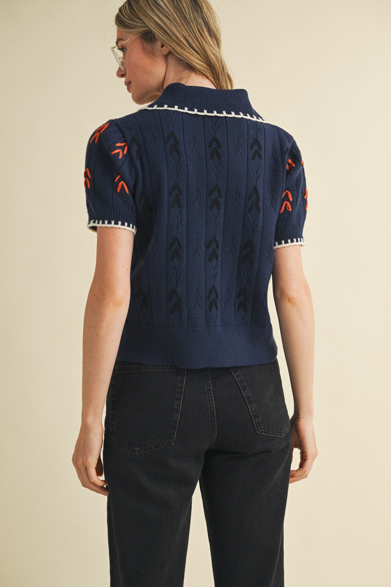 Hand Embroidered Short Sleeve Button Down Sweater in Navy Multi