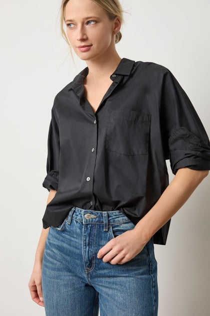 Dolman Sleeve Button Down Shirt in Black