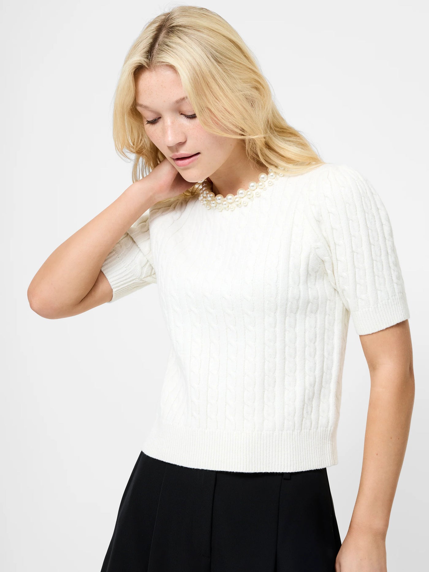 Embellished Neck Short Sleeve Sweater in Porcelain Cream