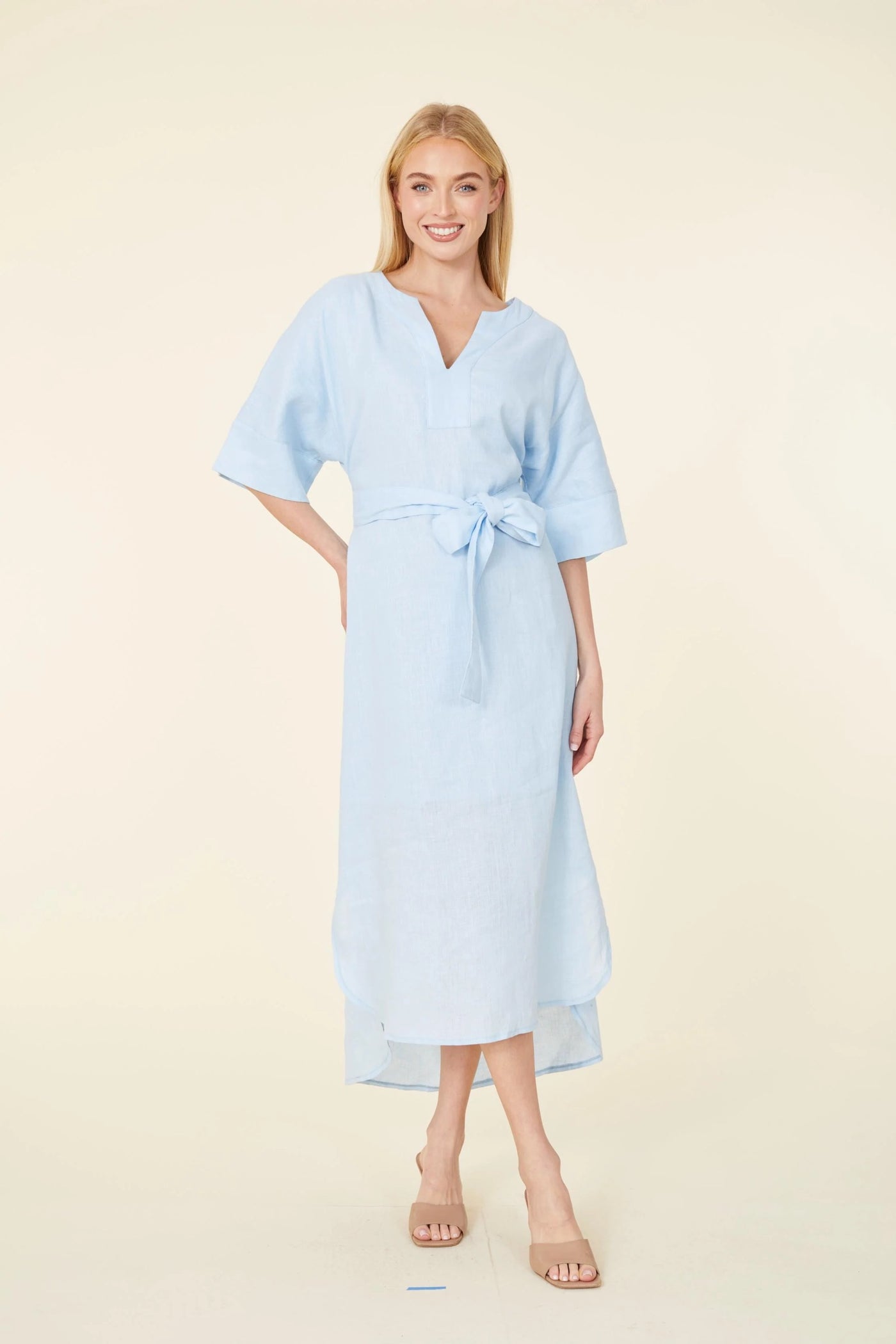 Linen Belted Maxi Dress in Light Blue