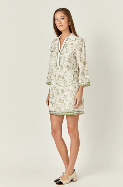 Floral Embroidery Tunic Dress in Green Multi