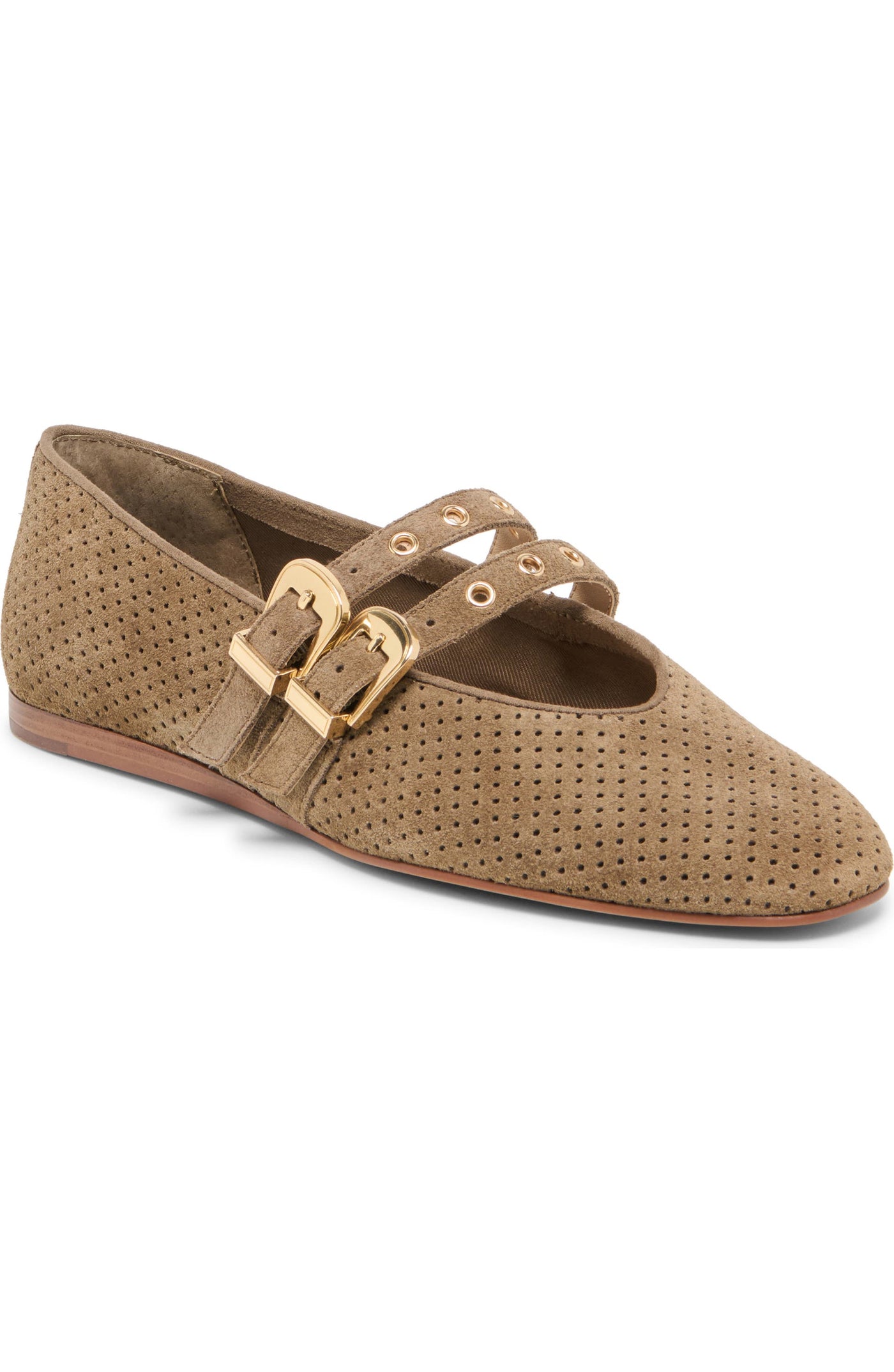 Baylee Grommet Ballet Flats in Olive Perforated Suede