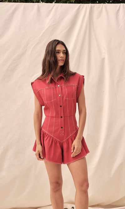 Keira Denim Romper in Red