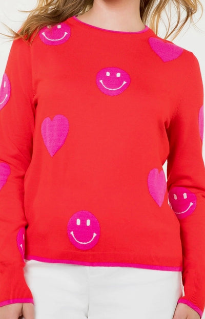 Heart and Smiley Face Sweater in Red/Hot Pink