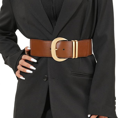 Wide Elastic Waist Belt in Camel/Gold