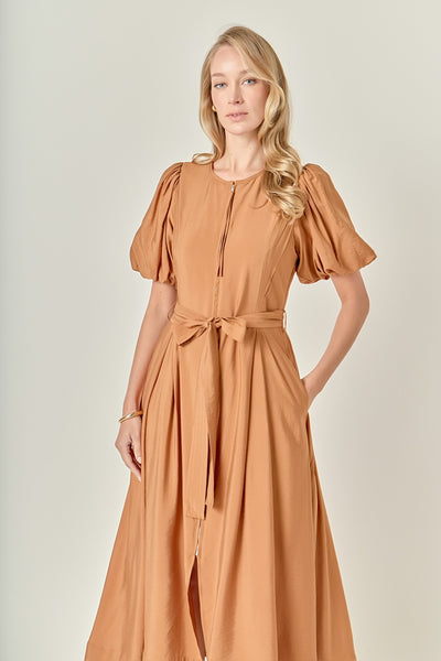 Puff Sleeve Midi Dress in Camel