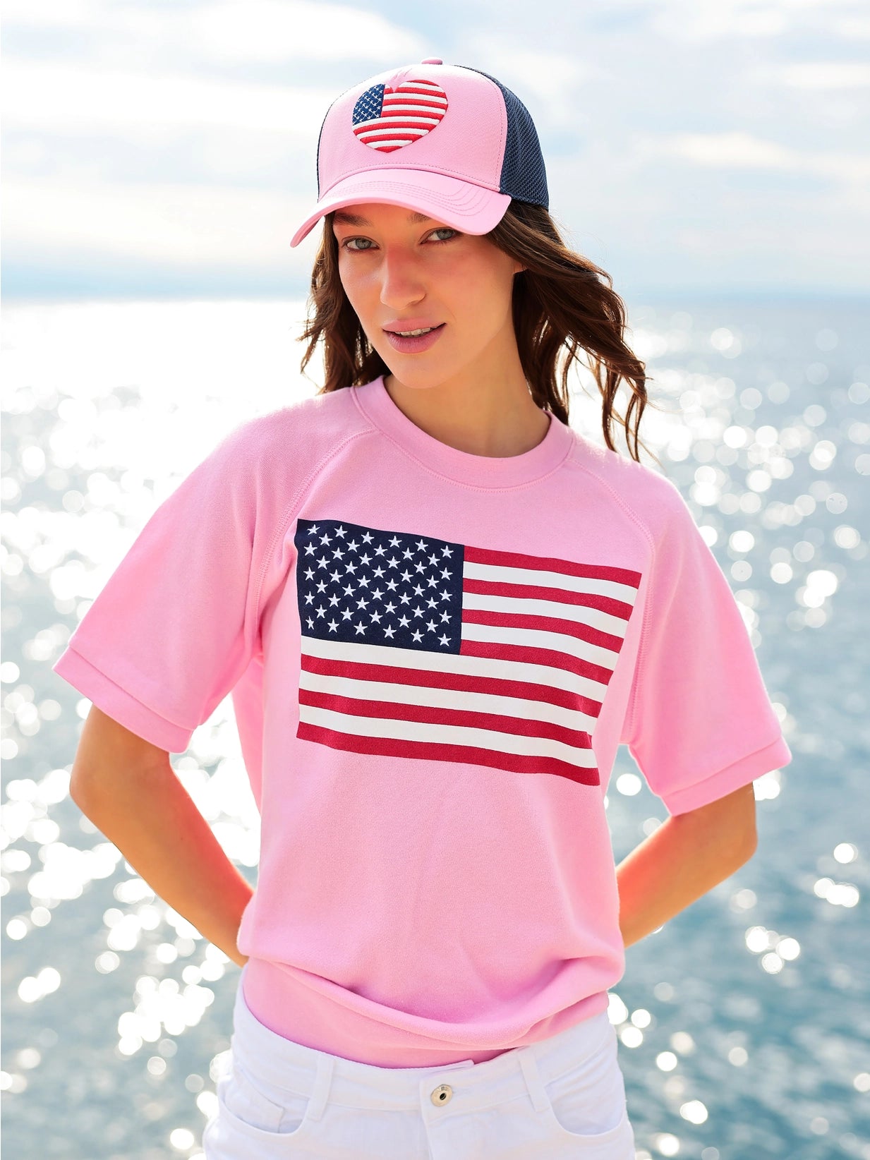 American Flag Short Sleeve Sweatshirt in Pink