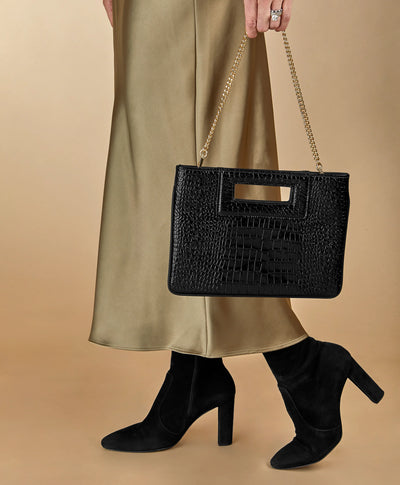 Willa Clutch in Black Embossed Croc Leather