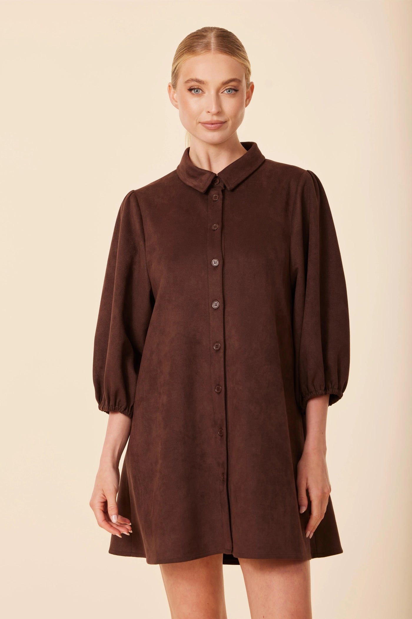 Faux Suede Puff Sleeve Dress in Coffee