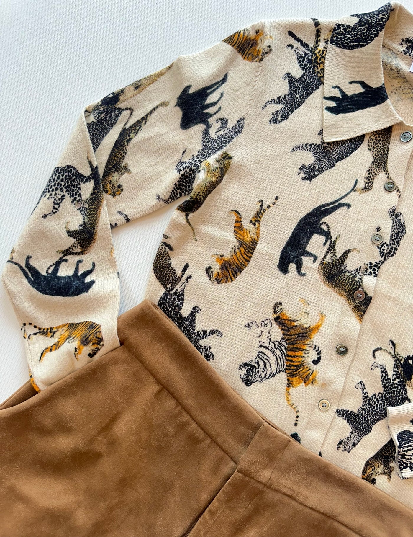 Tiger Button Front Cardie in Latte