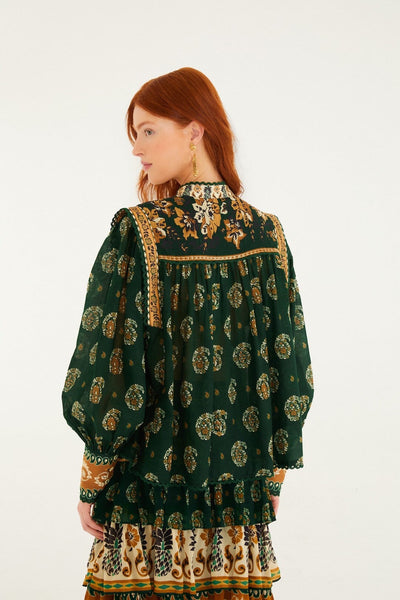 Tayla Lace Buttoned Puff Sleeve Blouse in Green Multi