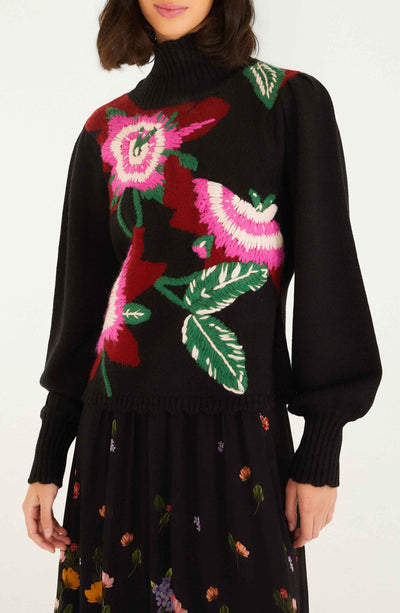 Bold Colorful Flower Knit Sweater in Black Multi