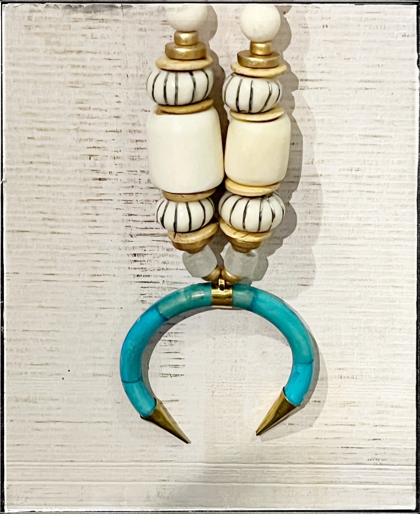 Stripe African Bone Bead Necklace with Turquoise Pendant