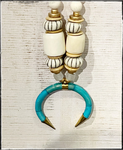 Stripe African Bone Bead Necklace with Turquoise Pendant