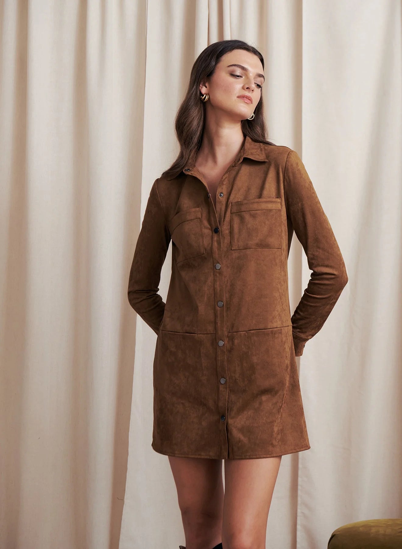 Kingston Faux Suede Mini Dress in Camel