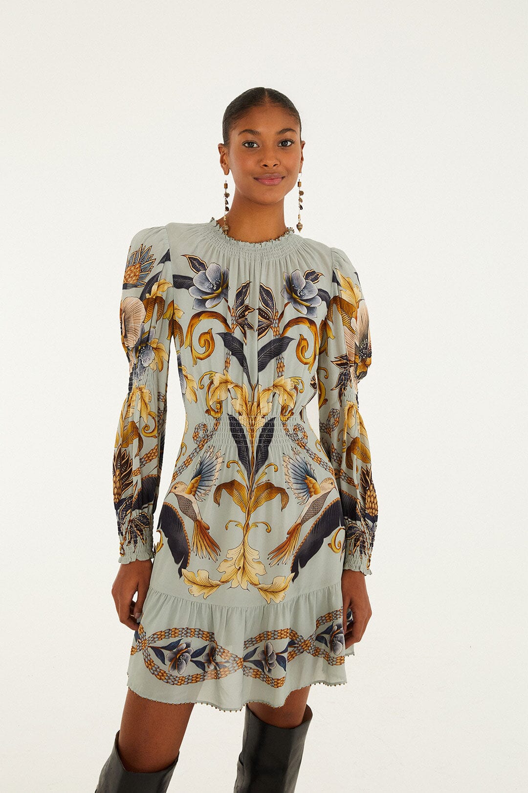 Snake Garden Long Sleeve Mini Dress in Blue