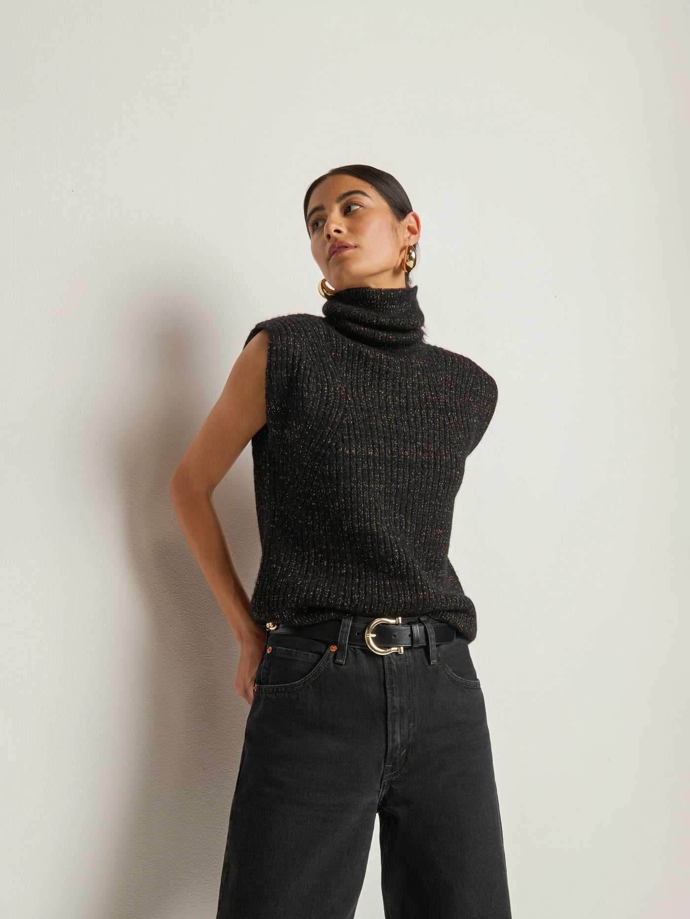 Isha Turtleneck Tank in Shiny Jet Black