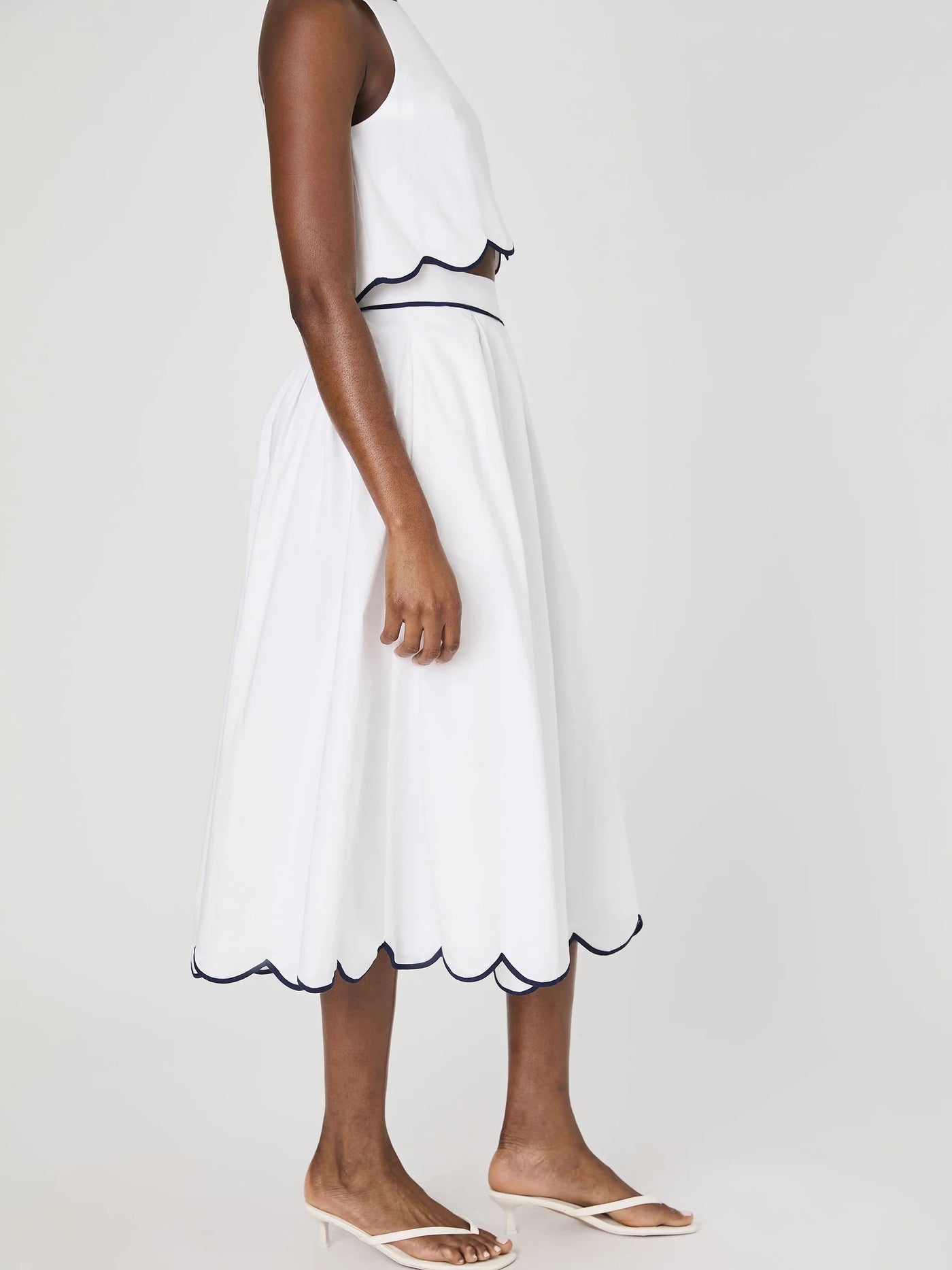 Alexis Cotton Scallop Midi Skirt in Summer White/Marine