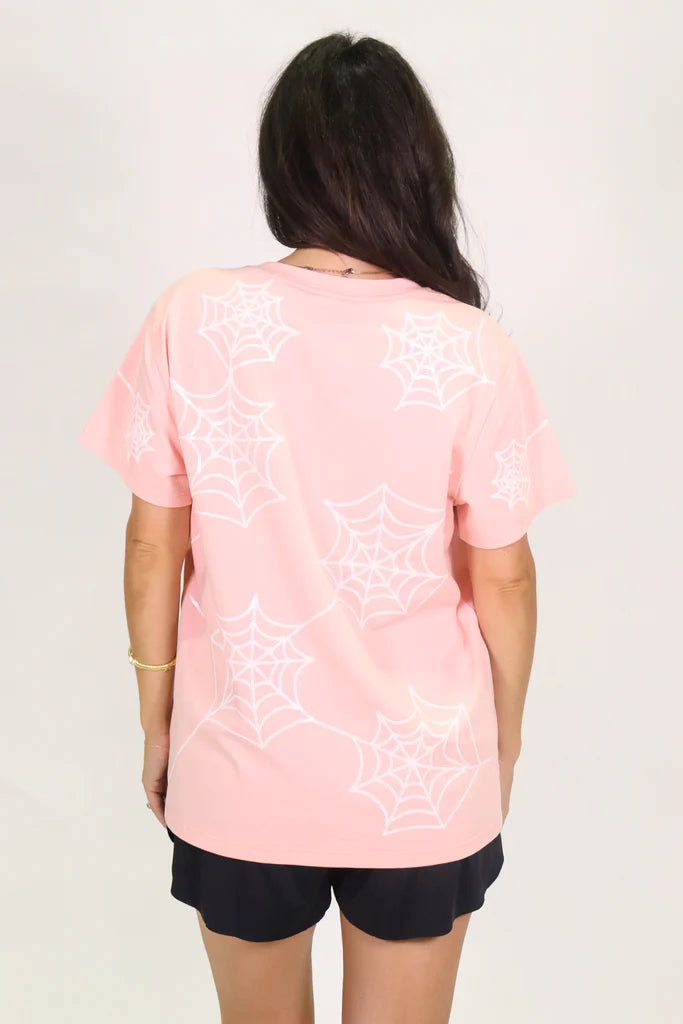 Sequin 'Boo' Spider Web Tee in Pink