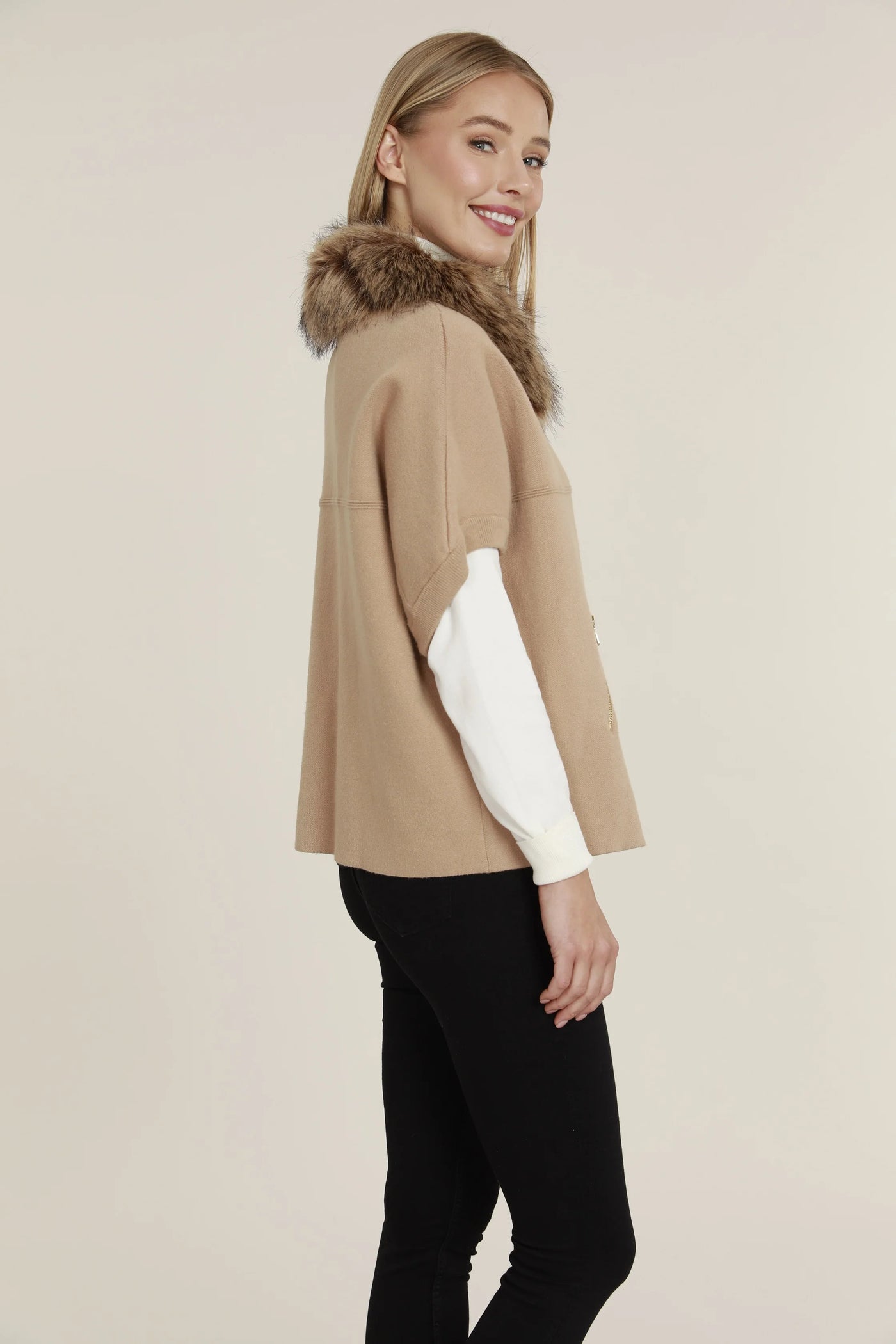 Faux Fur Trim Cardigan in Camel