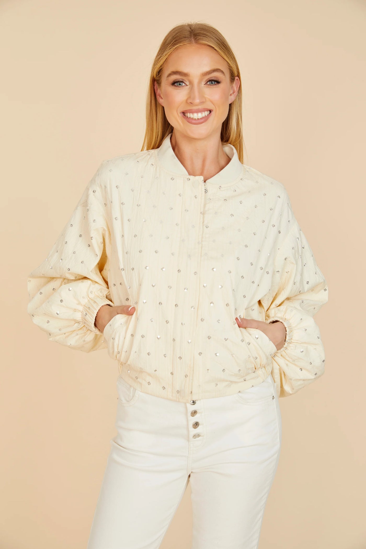 Embellished Balloon Sleeve Jacket in Ivory