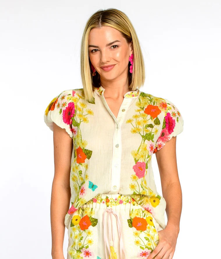 Short Sleeve Emily Top in Wildflower Ivory