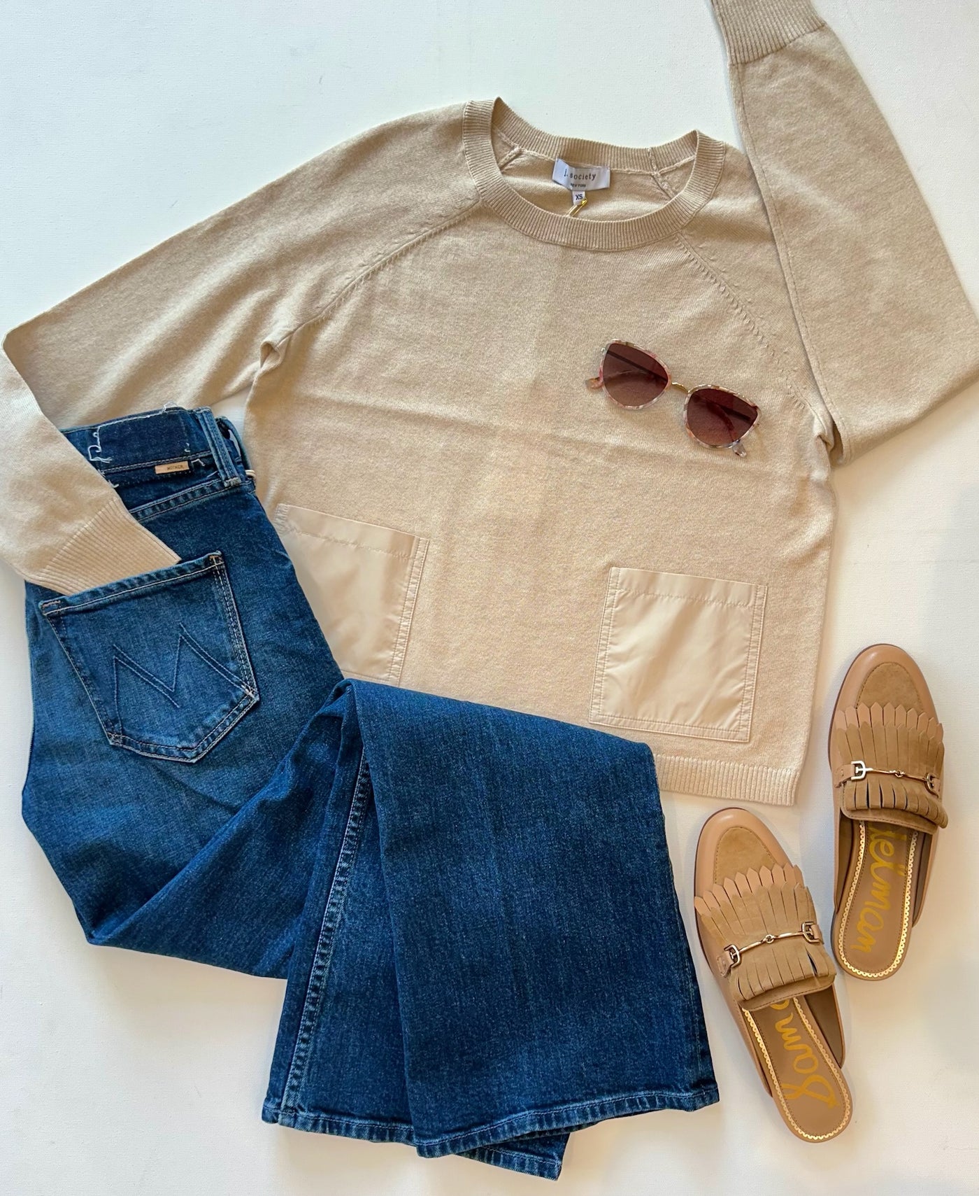 Nylon 2 Pocket Crew Sweater in Latte