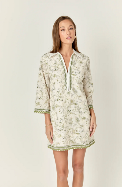 Floral Embroidery Tunic Dress in Green Multi