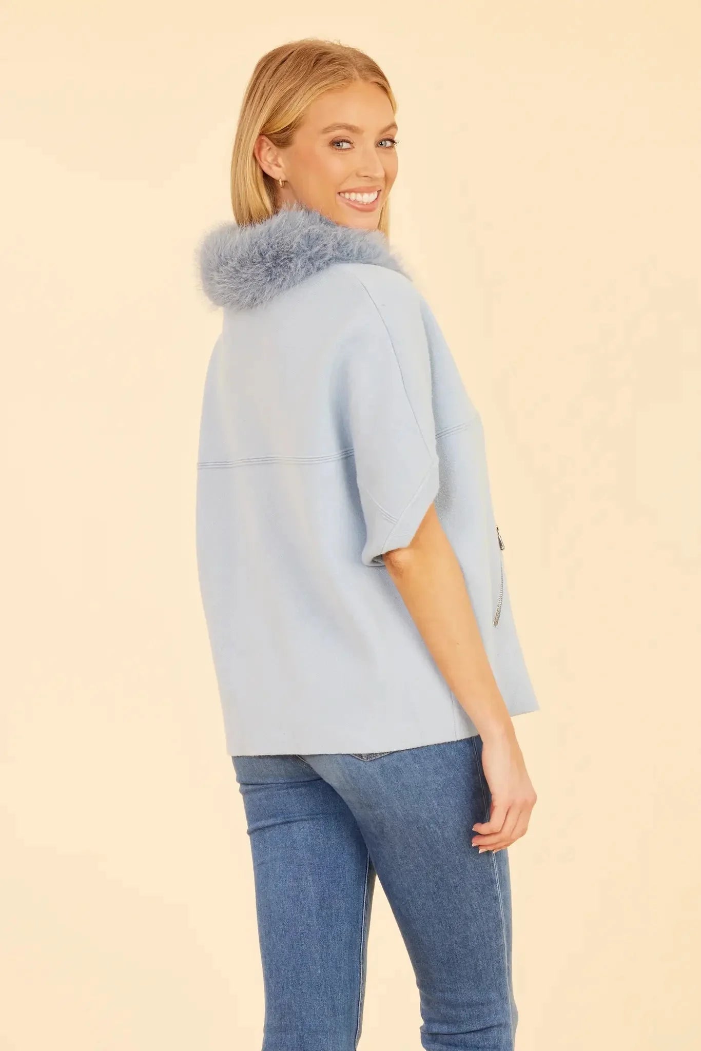 Faux Fur Trim Cardigan in Baby Blue