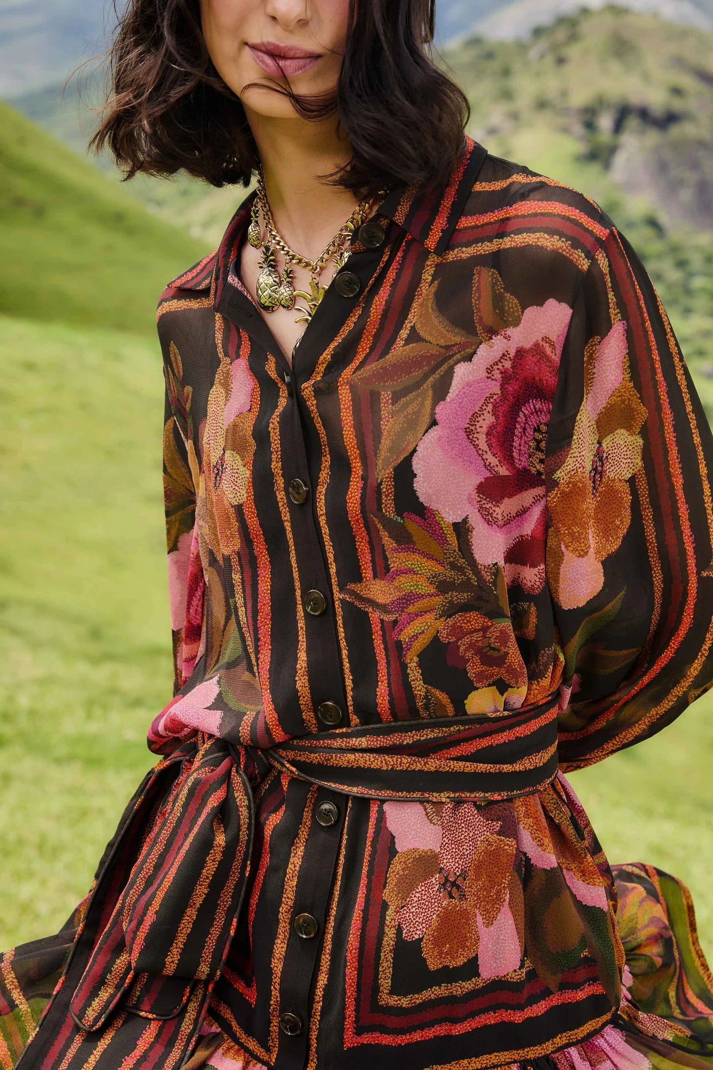 Chenille Flowers Belted Long Sleeve Mini Dress in Black
