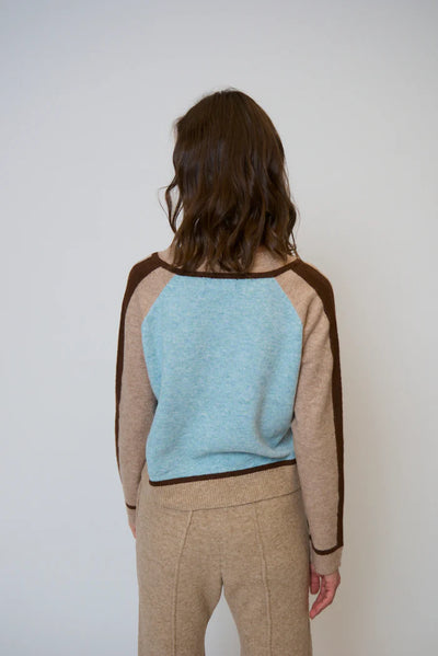 Ash Color Blocked V Neck in Blue Multi