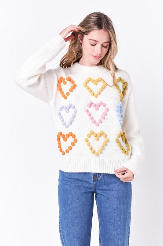 Heart Pom Sweater in Ivory Multi