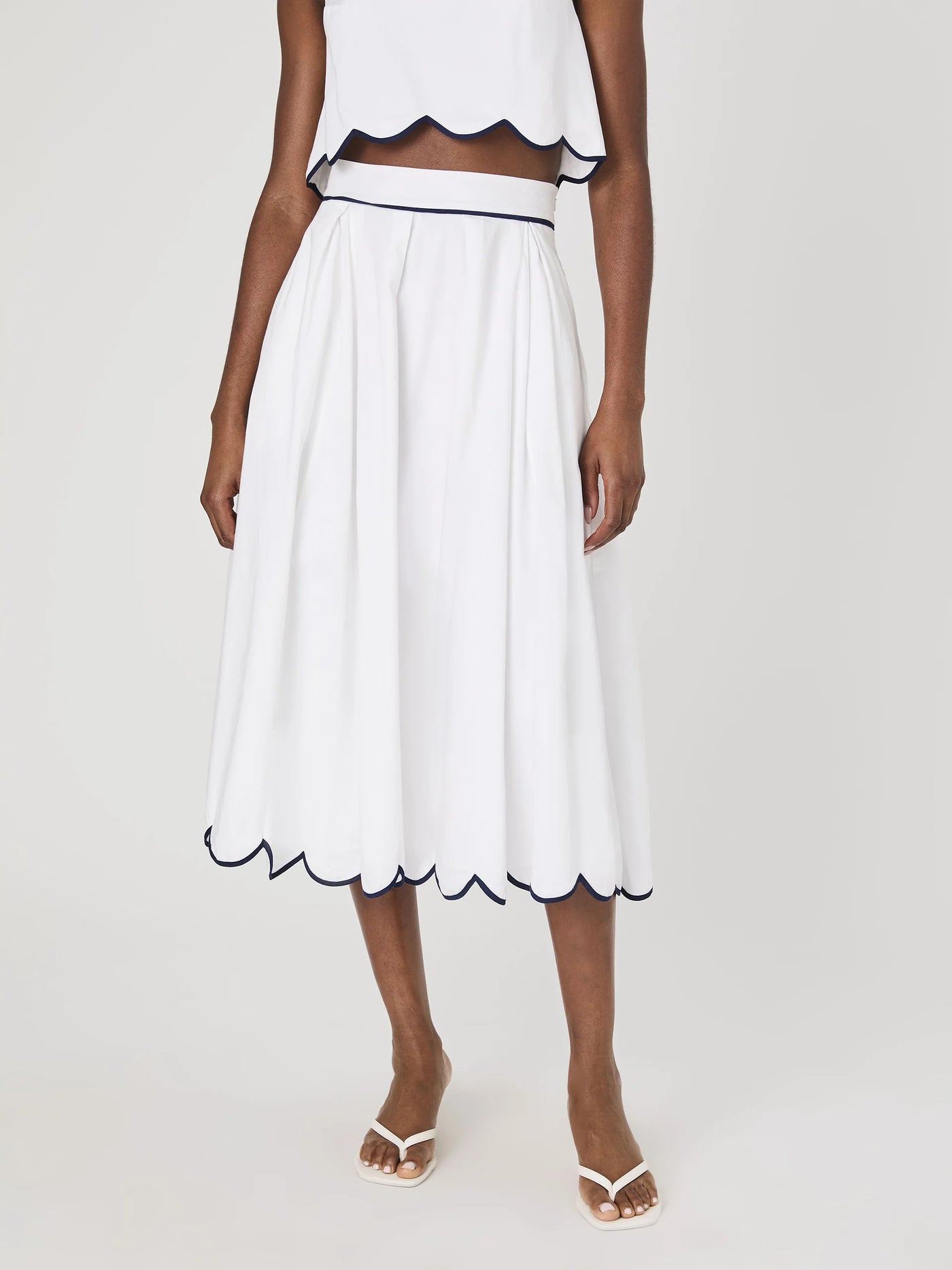 Alexis Cotton Scallop Midi Skirt in Summer White/Marine