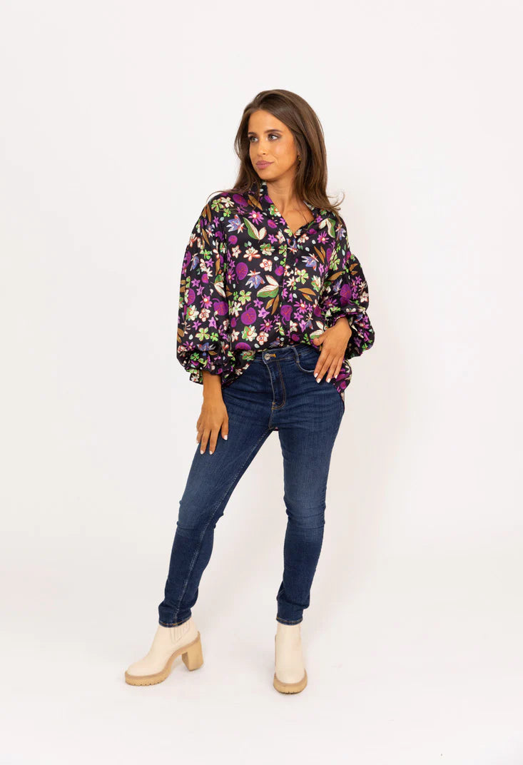 Floral Satin Vneck Top in Black Floral Multi