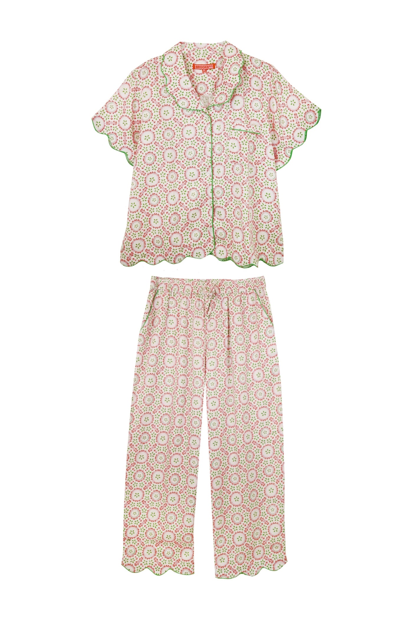 Scalloped Pajama Set Long Pant with Short Sleeve Top in Rosie