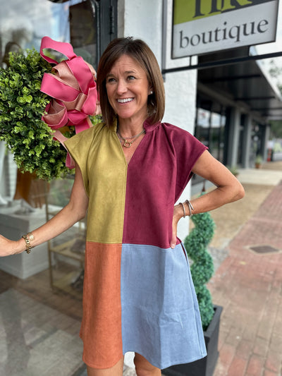 Retro Suede Mini Dress in Multi Colorblock