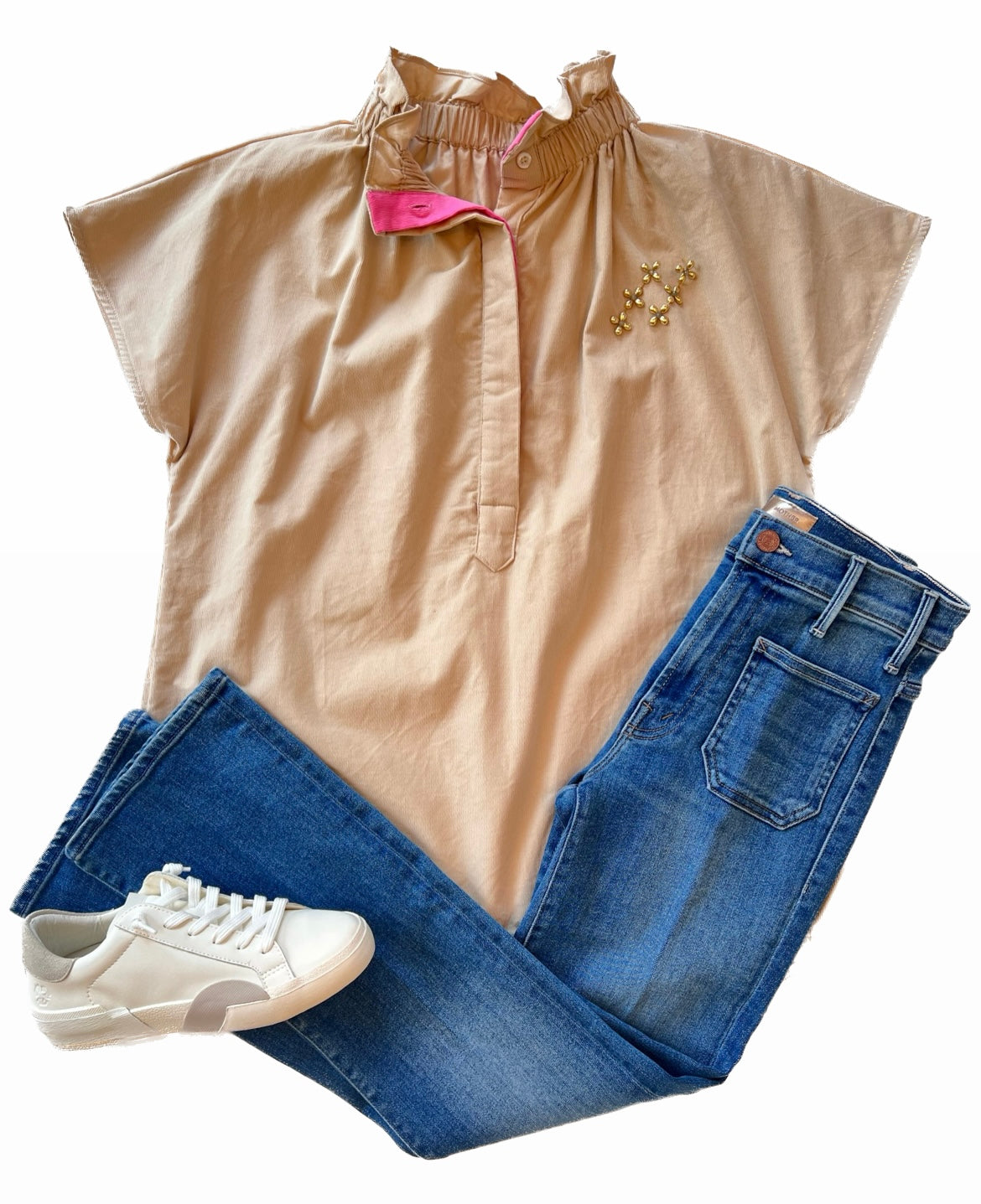 Emily Corduroy Top in Camel/Pink