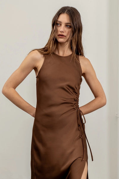 Ruched Midi Dress in Chocolate
