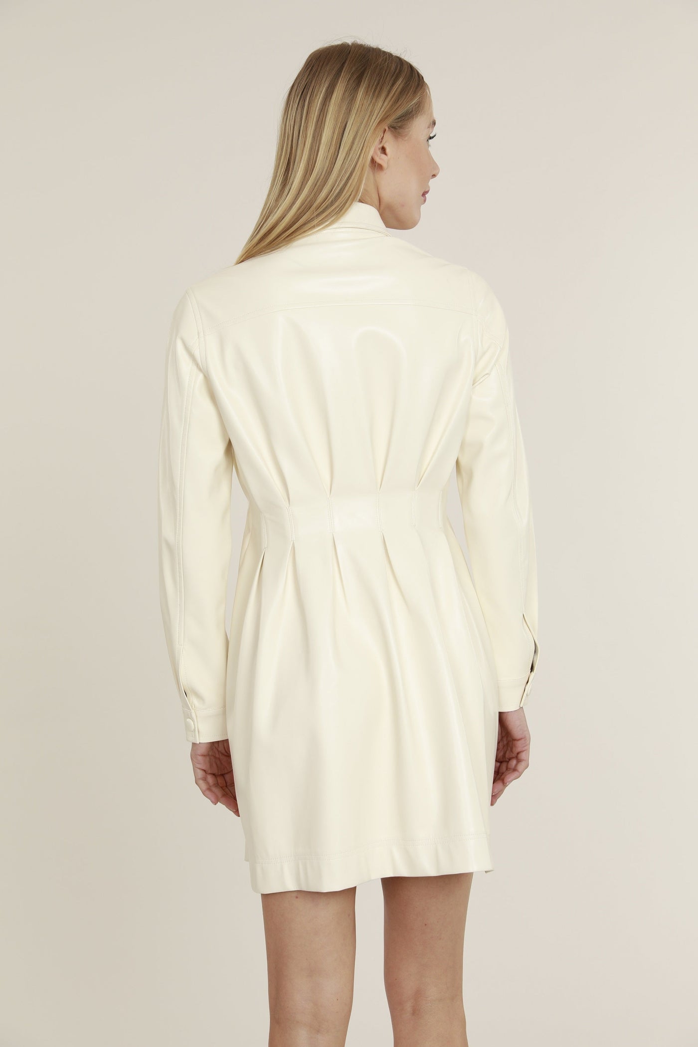 Vegan Leather Pin Tuck Waist Dress in Ivory