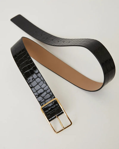 Milla Embossed Leather Belt in Black Gold