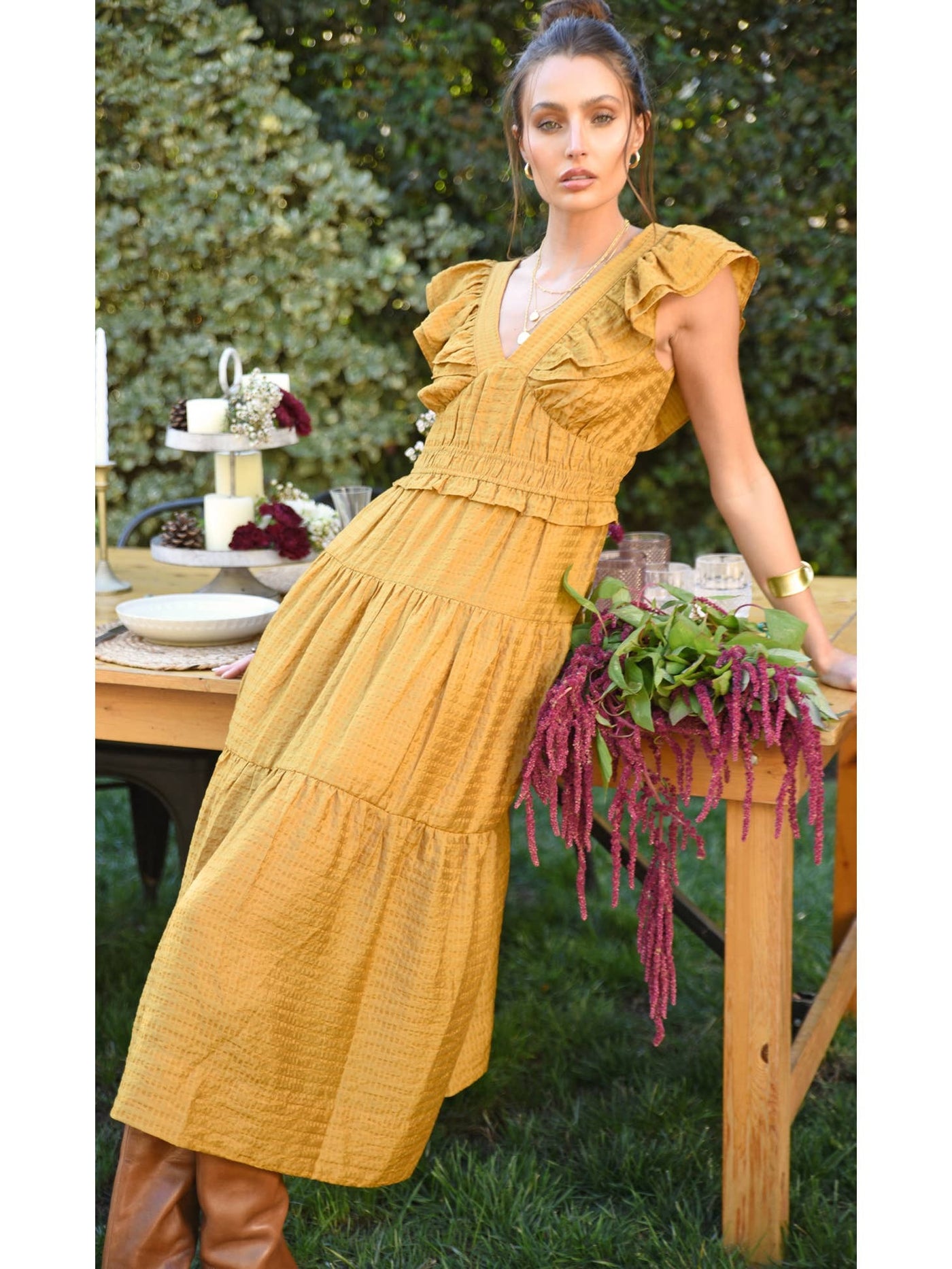 Kalista Textured Midi Dress in Mustard